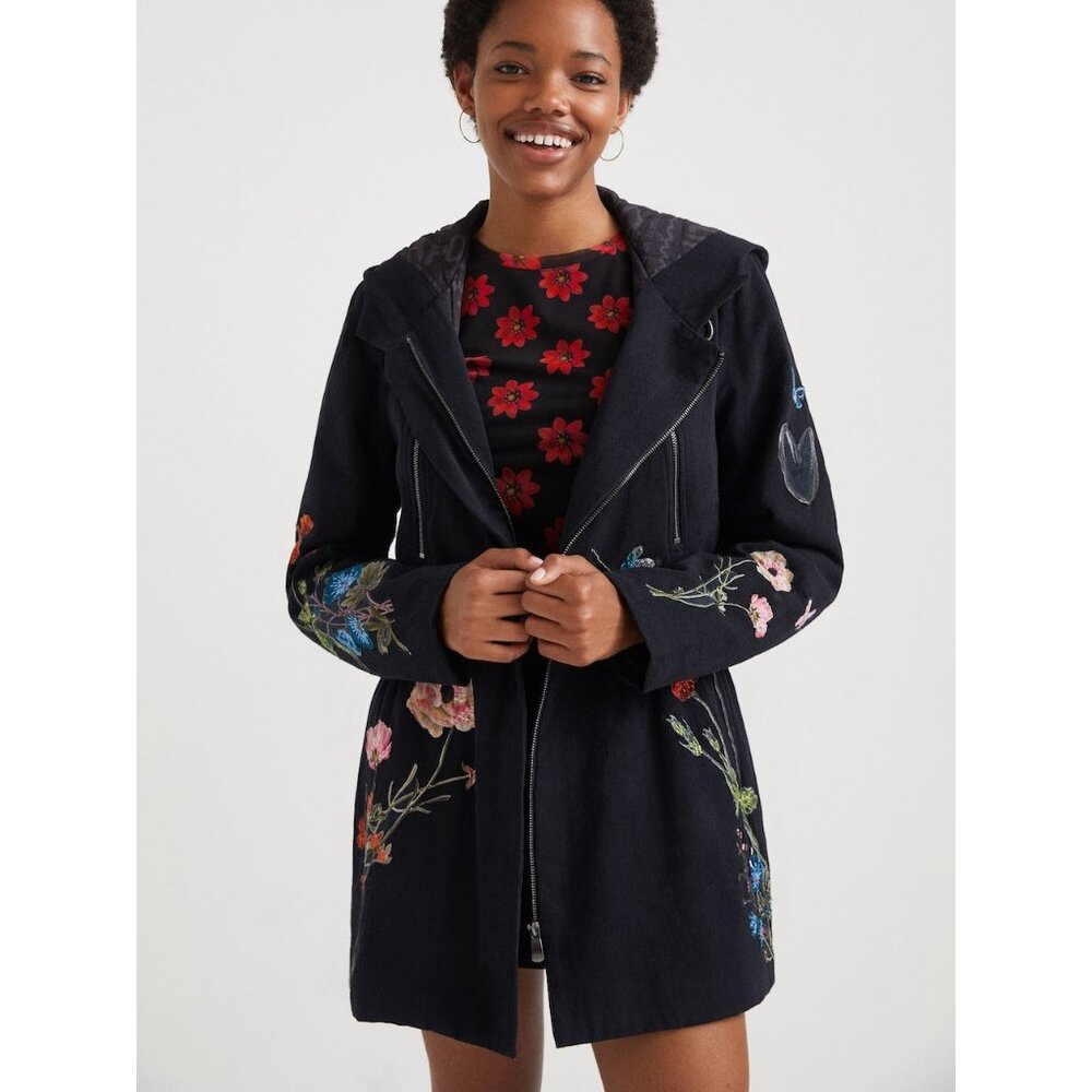 NWT Desigual Beleno black cotton floral embroidered hooded parka jacket, EU S
